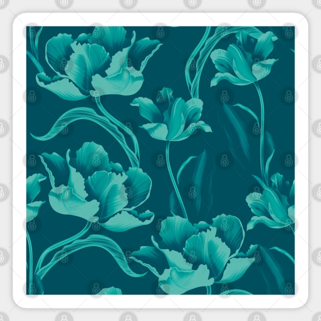 Fantastic turquoise tulips in a flowing pattern on a petrolblue background Sticker by marina63